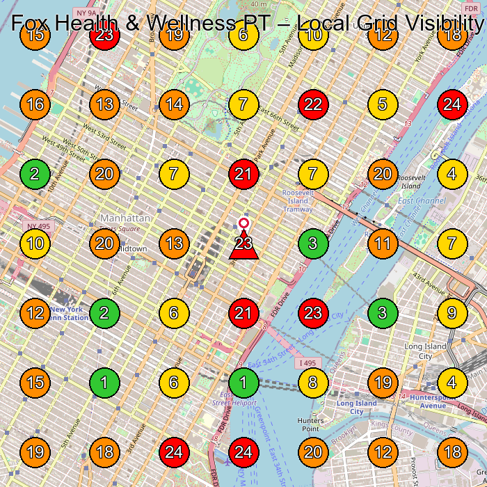 Fox Health & Wellness PT Physical Therapy Clinic GeoGrid ranking map for New York NY
